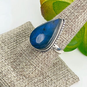 Vintage Boho Natural Blue Labradorite Ring Size 8.5 Sterling Silver 925 Overlay